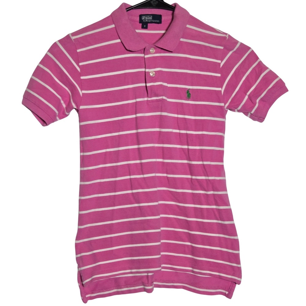 Polo Ralph Lauren Boys Pink Striped Short Sleeve Polo Shirt 7 Preppy Classic